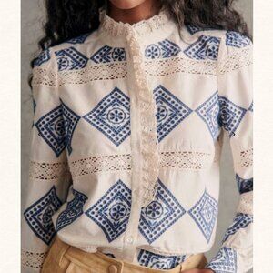 Sezane Chlo Shirt Blue Diamonds - Size FR 40/US 8